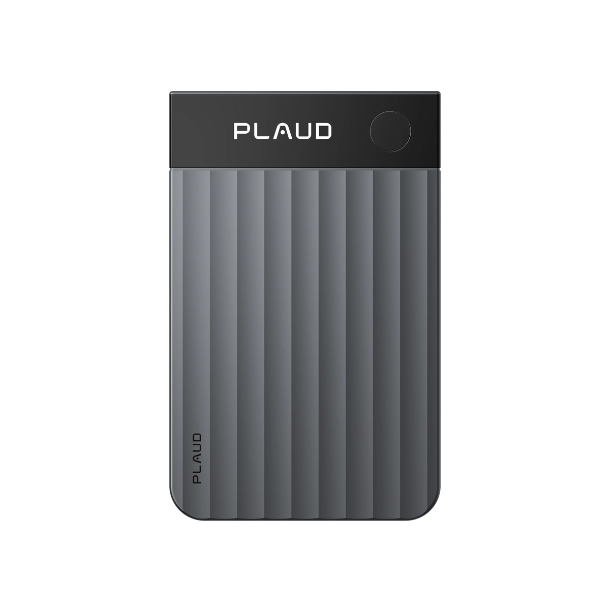 Dark gray Plaud Note Pro AI voice recorder with a ribbed textured body and top display screen.
