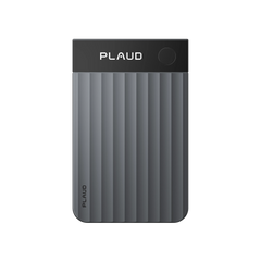 Dark gray Plaud Note Pro AI voice recorder with a ribbed textured body and top display screen.