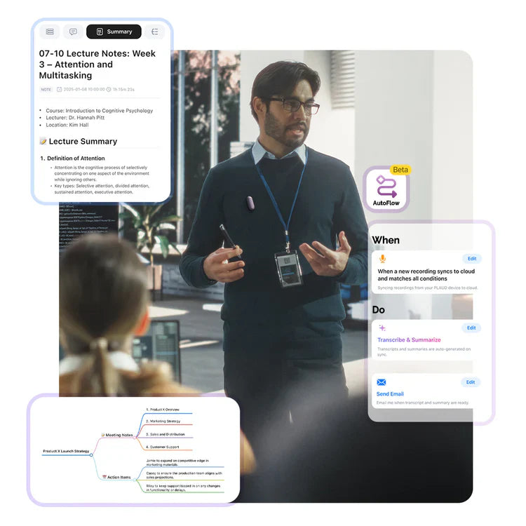 Lecturer wearing a dark Plaud NotePin with UI overlays showing AI-generated lecture notes and AutoFlow workflows.