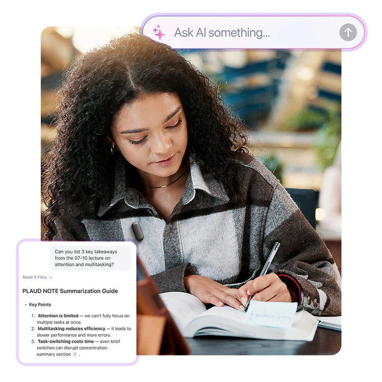 Woman wearing a black Plaud NotePin while writing, with UI showing AI summarization and chat features.