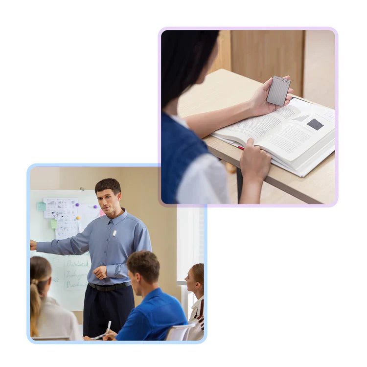Student using silver Plaud Note and professional wearing white Plaud NotePin during a presentation.