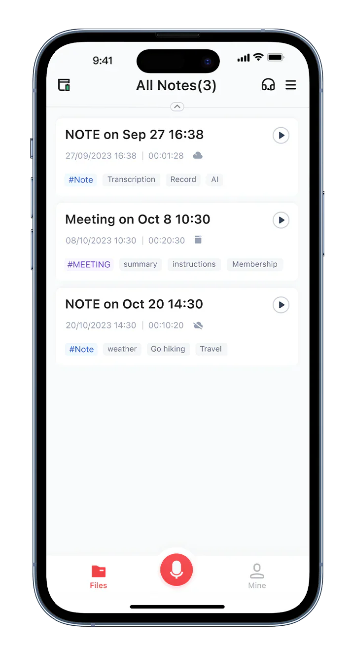 Plaud App interface on a smartphone showing a list of recorded notes with dates, durations, and AI tags.