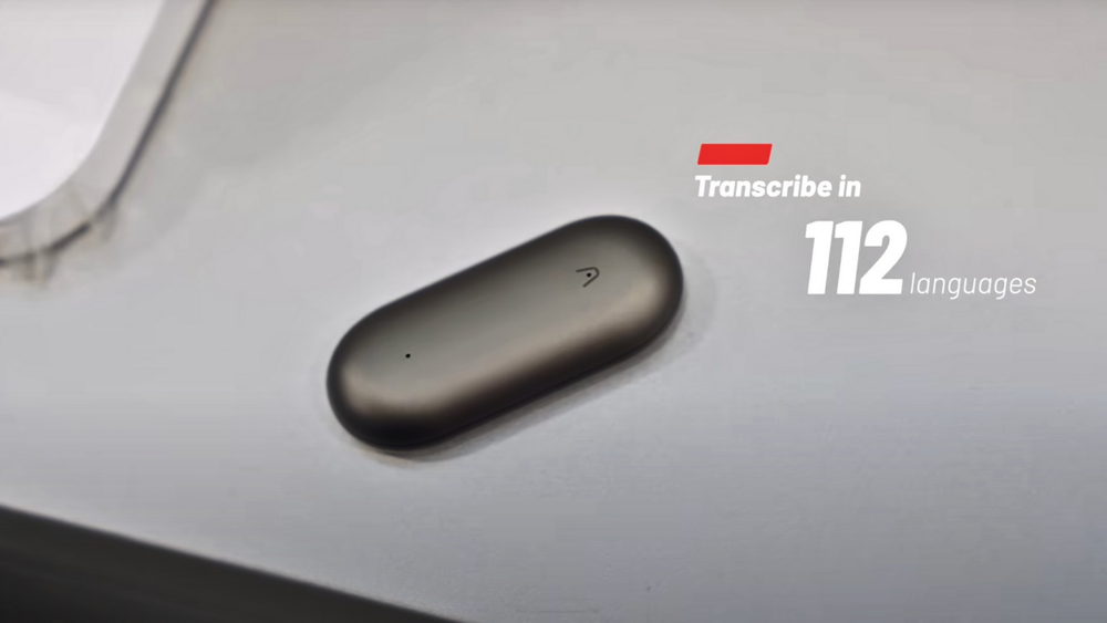 Cosmic gray Plaud NotePin capsule with text: Transcribe in 112 languages.