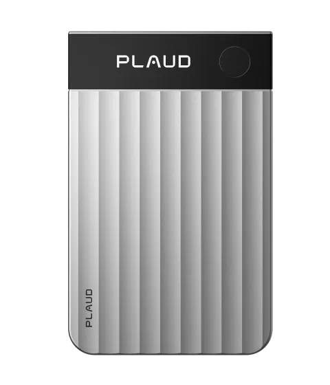 The silver Plaud Note Pro AI voice recorder features a black glass top strip and a body with broad wavy vertical ridges.