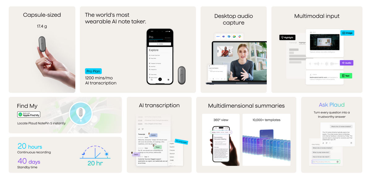 Plaud NotePin S features: capsule-sized, 20-hour recording, AI transcription, desktop capture, and Apple Find My support.