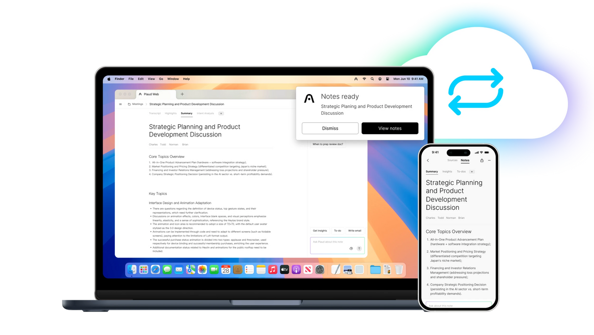 Plaud Web and Plaud App syncing meeting summaries across a laptop and smartphone via the cloud.