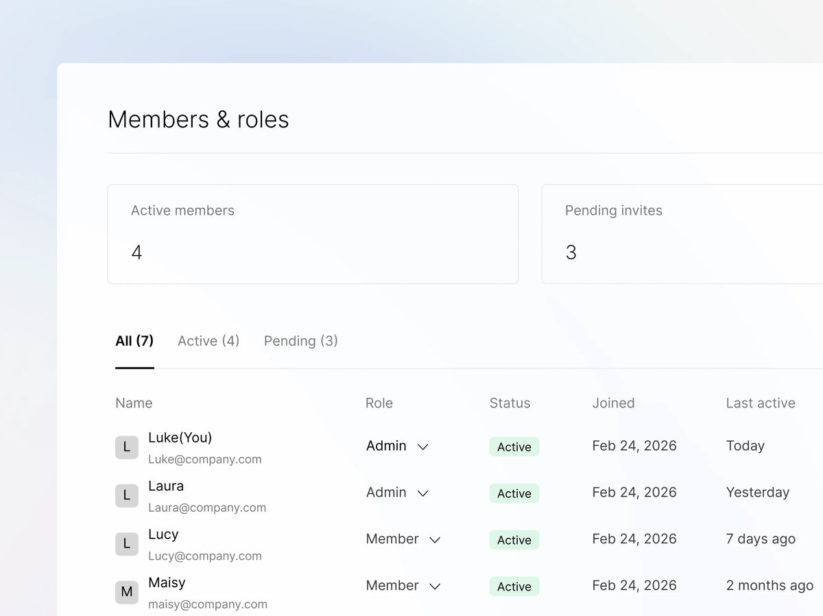 Plaud App Members & roles dashboard showing 4 active members, 3 pending invites, and a list of team roles.