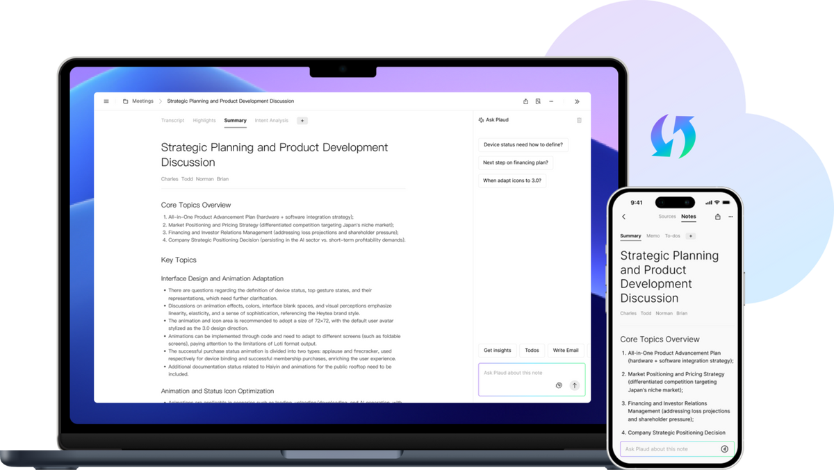 Plaud App and Plaud Web displaying AI-generated meeting summaries and Ask Plaud on a laptop and smartphone.