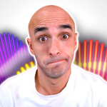 A man with a skeptical expression in front of colorful audio waveform graphics.