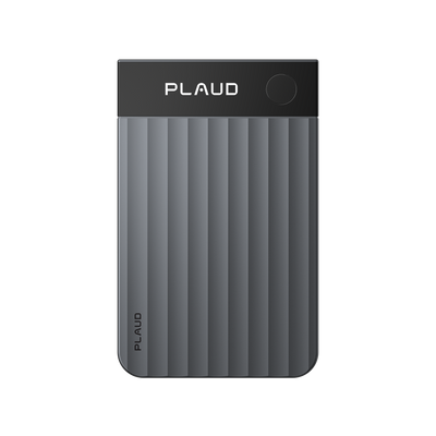 A black Plaud Note Pro AI voice recorder features a glossy black top strip with a round button and a body with broad vertical ridges.
