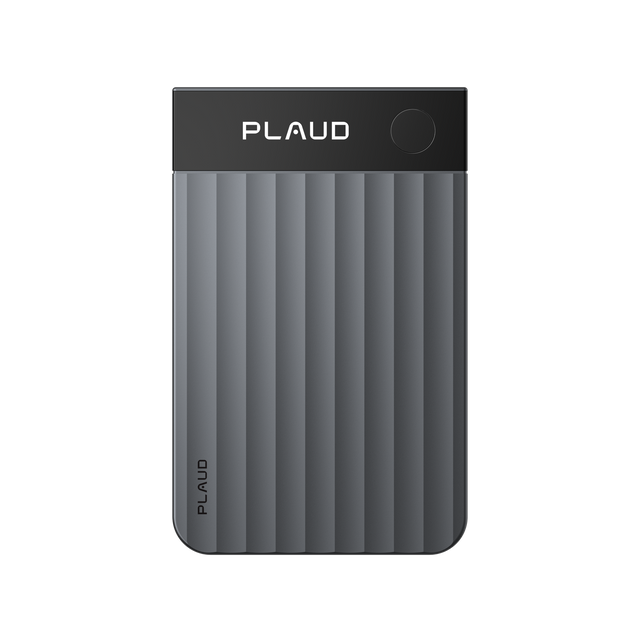 A black Plaud Note Pro AI voice recorder features a glossy black top strip with a round button and a body with broad vertical ridges.