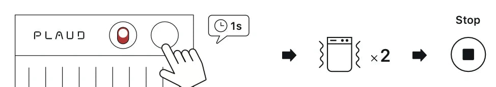 Diagram: Press Plaud Note button for 1s to stop recording; device vibrates twice to confirm.