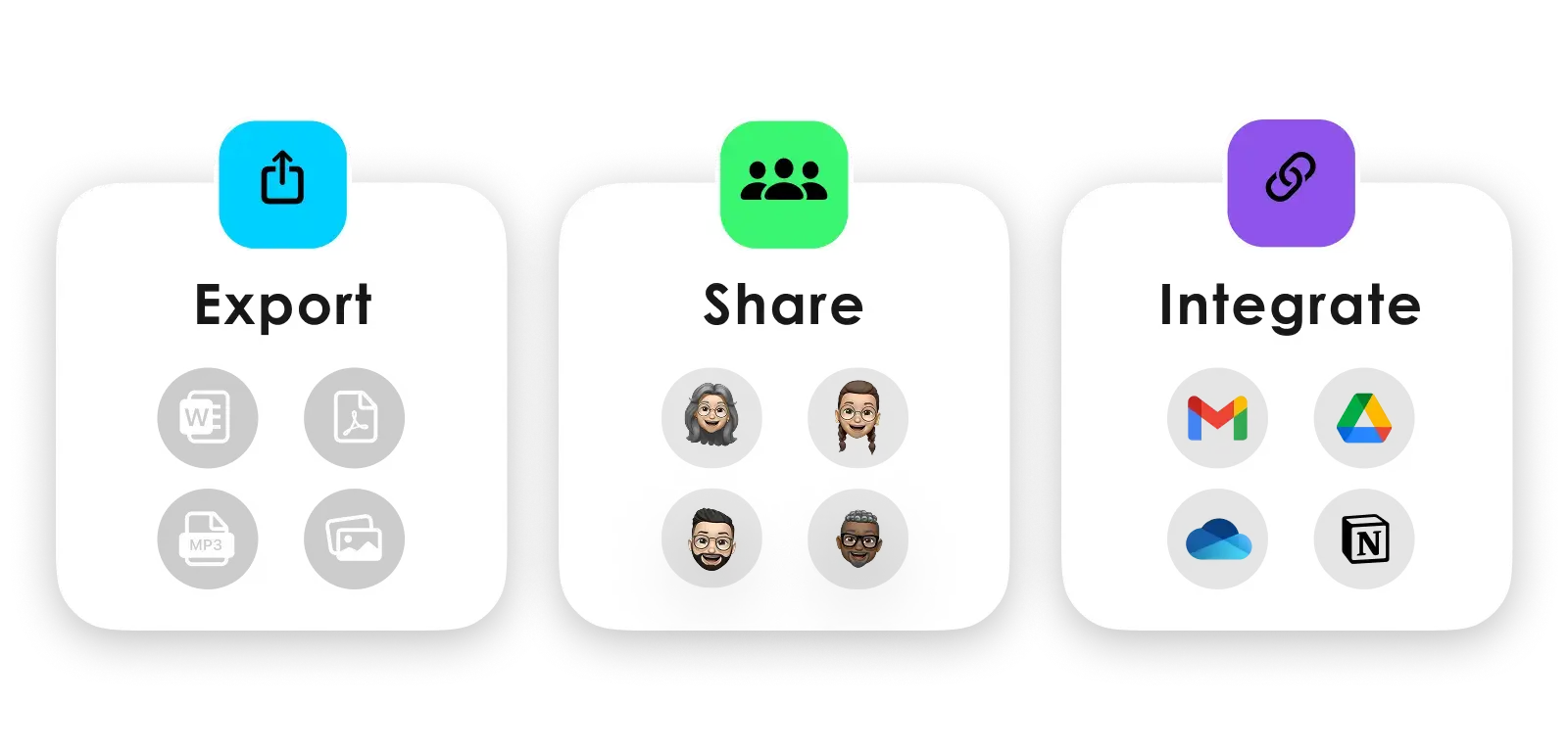 Plaud App features: Export to Word/PDF/MP3, Share with others, and Integrate with Gmail, Drive, and Notion.