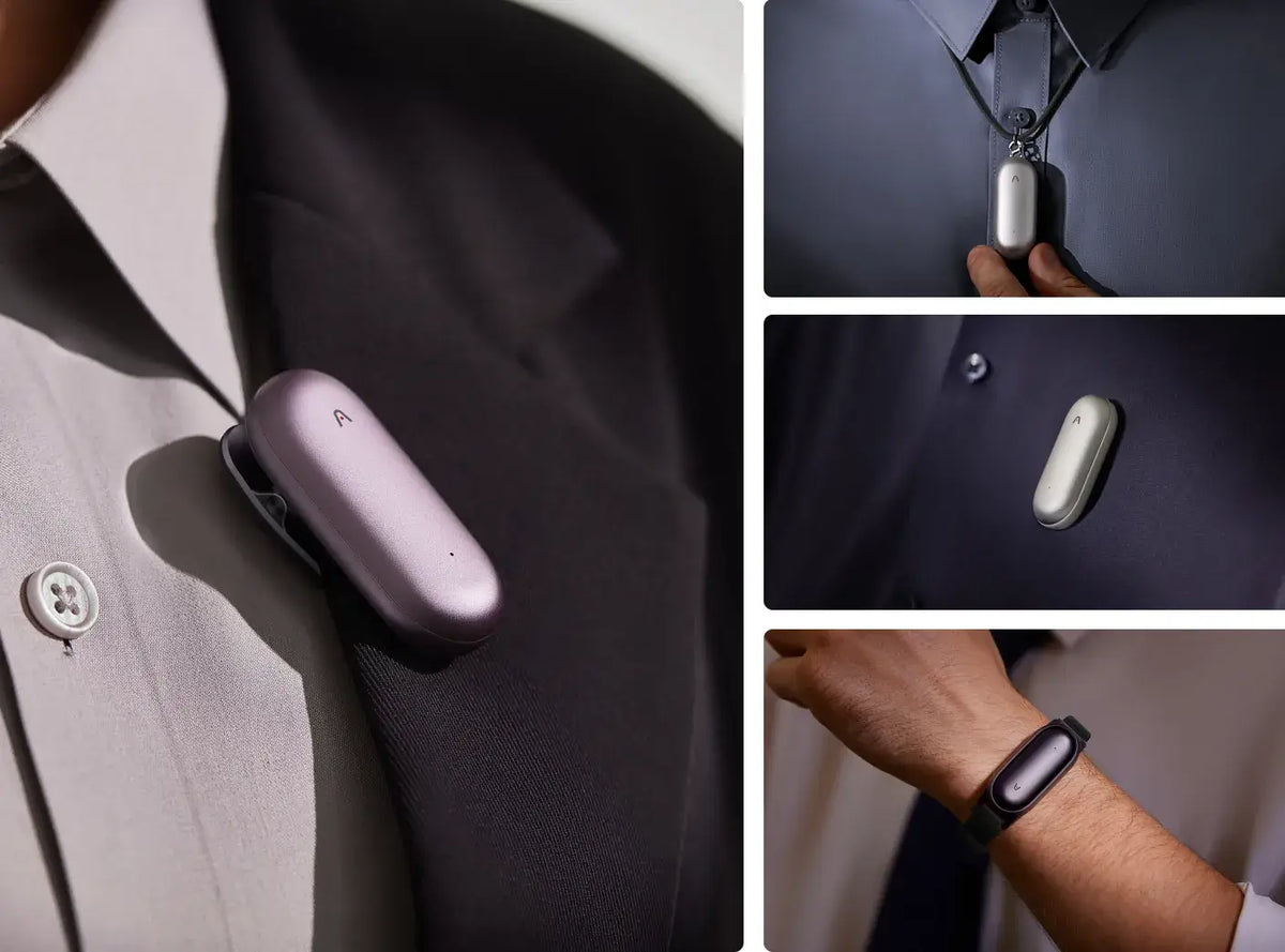 Plaud NotePin in purple, silver, and black worn as a lapel clip, necklace, and wristband.